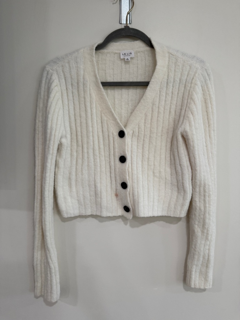 Le Lis Cream Ribbed V-Neck Cropped Button Cardigan